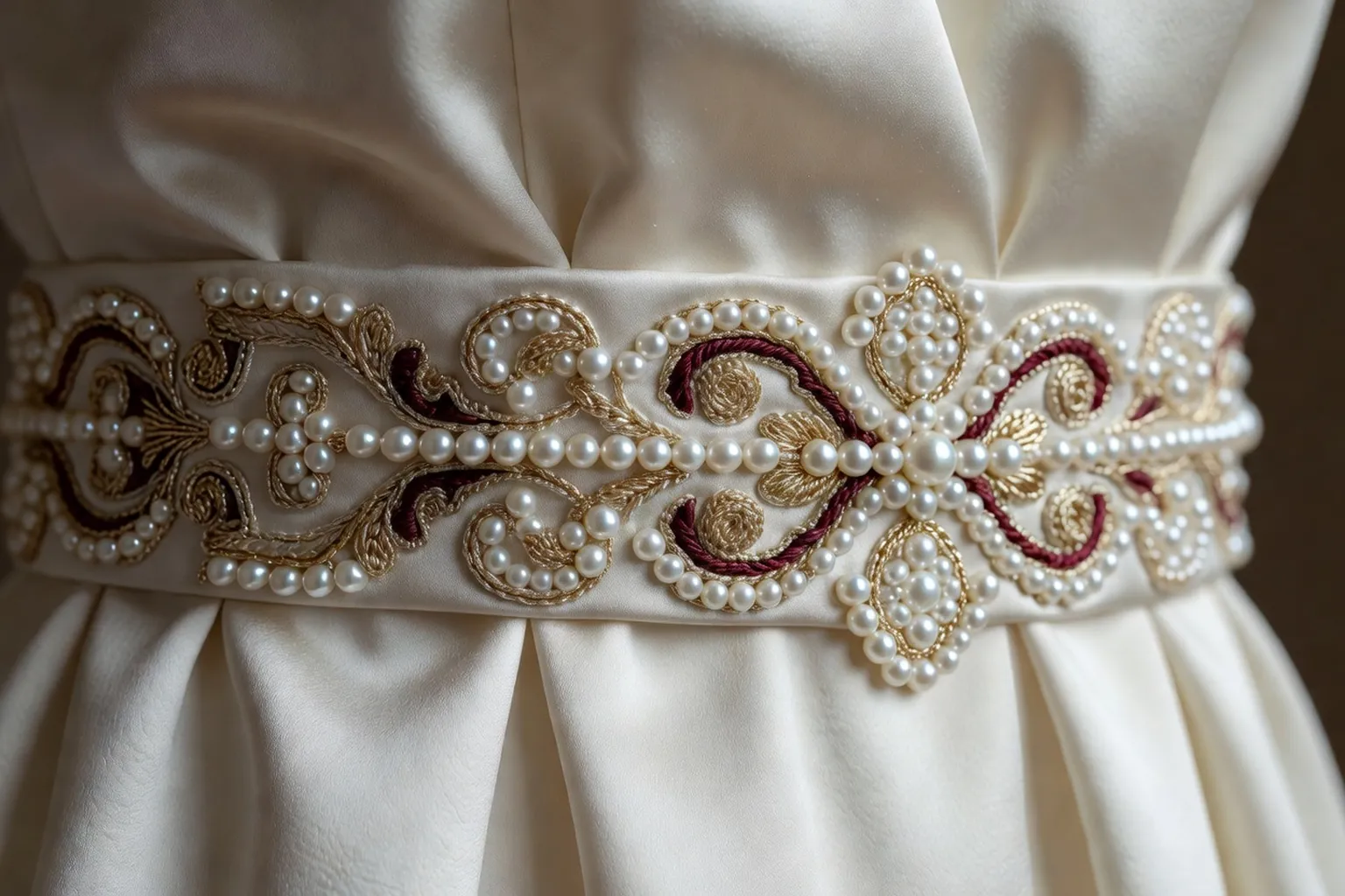 Détail d'une ceinture de perles sur robe ivoire