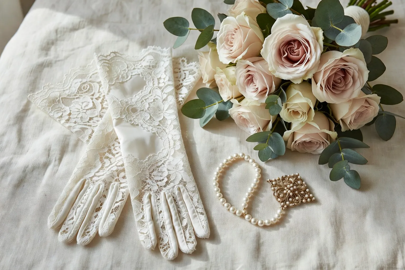 Gants longs en dentelle sur bouquet de roses ivoire