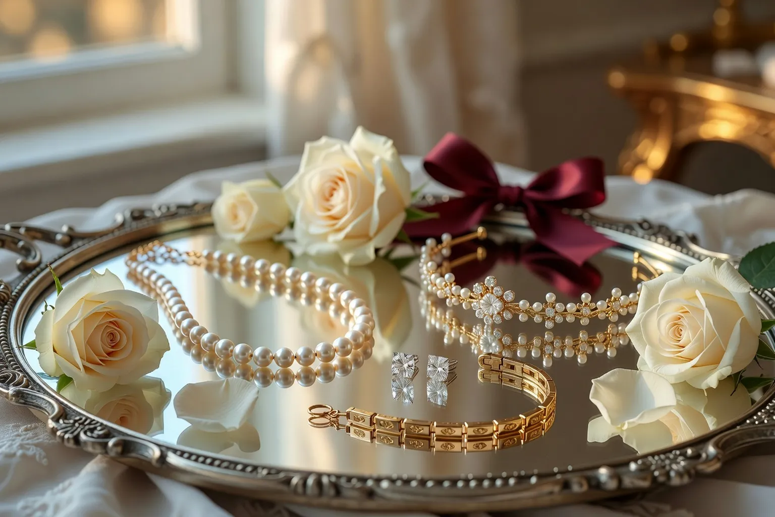 Collection de bijoux de mariée sur plateau ancien