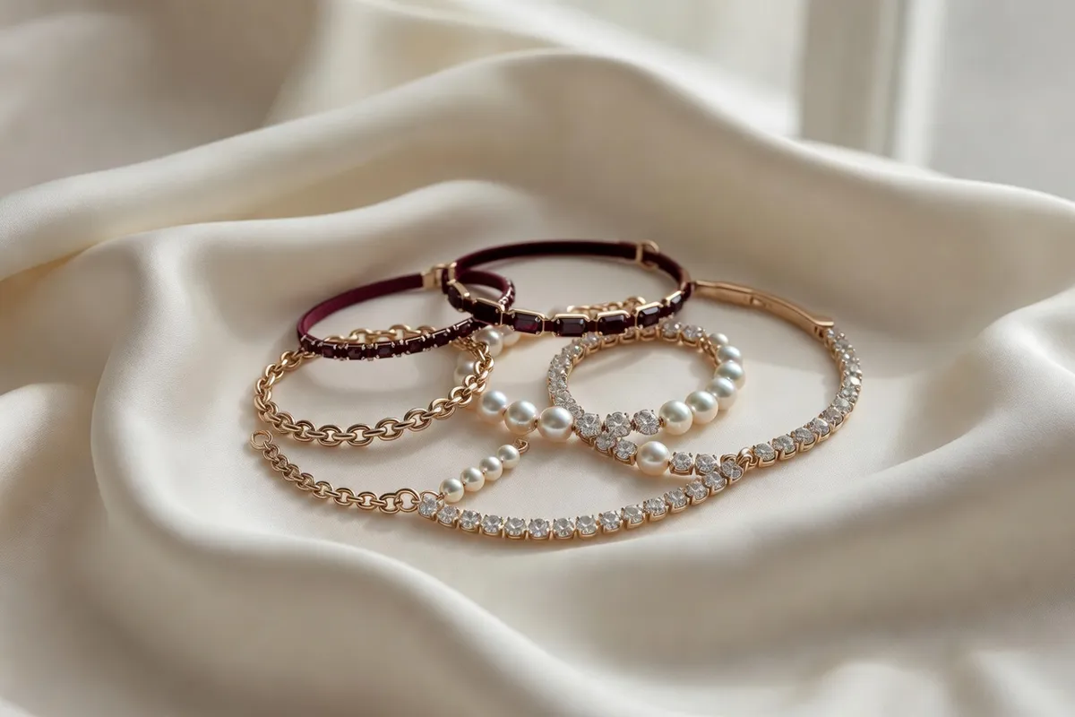 Bracelets de mariée en or, perles et pierres empilés sur soie ivoire