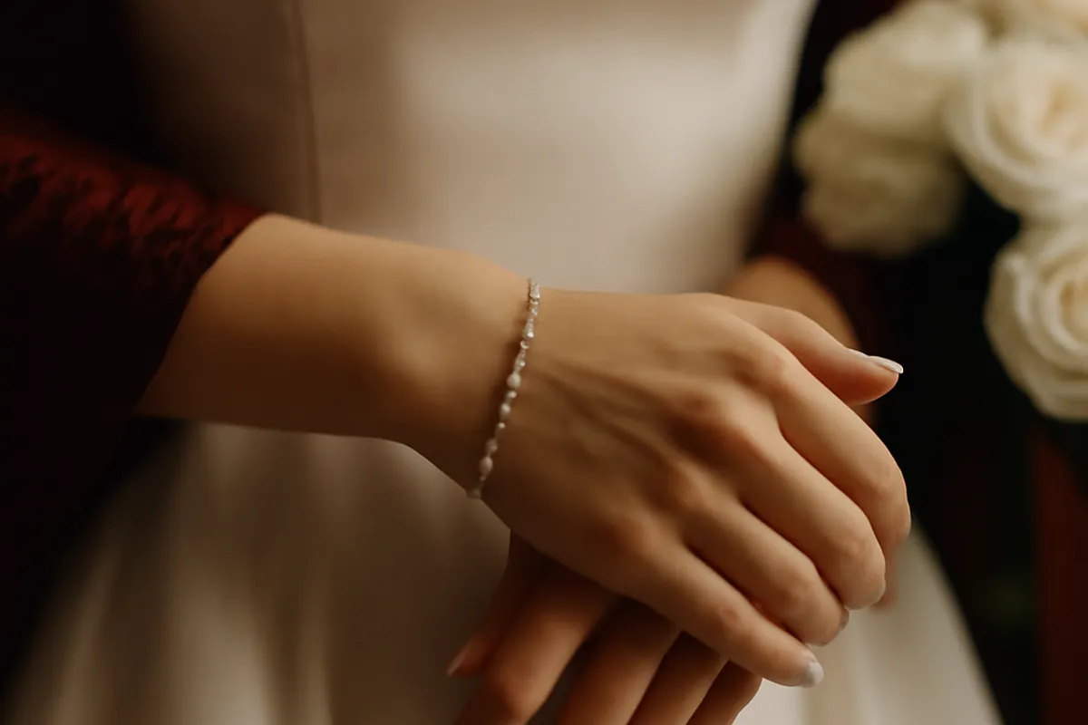 Bracelet fin de mariée porté au poignet lors d'un essayage