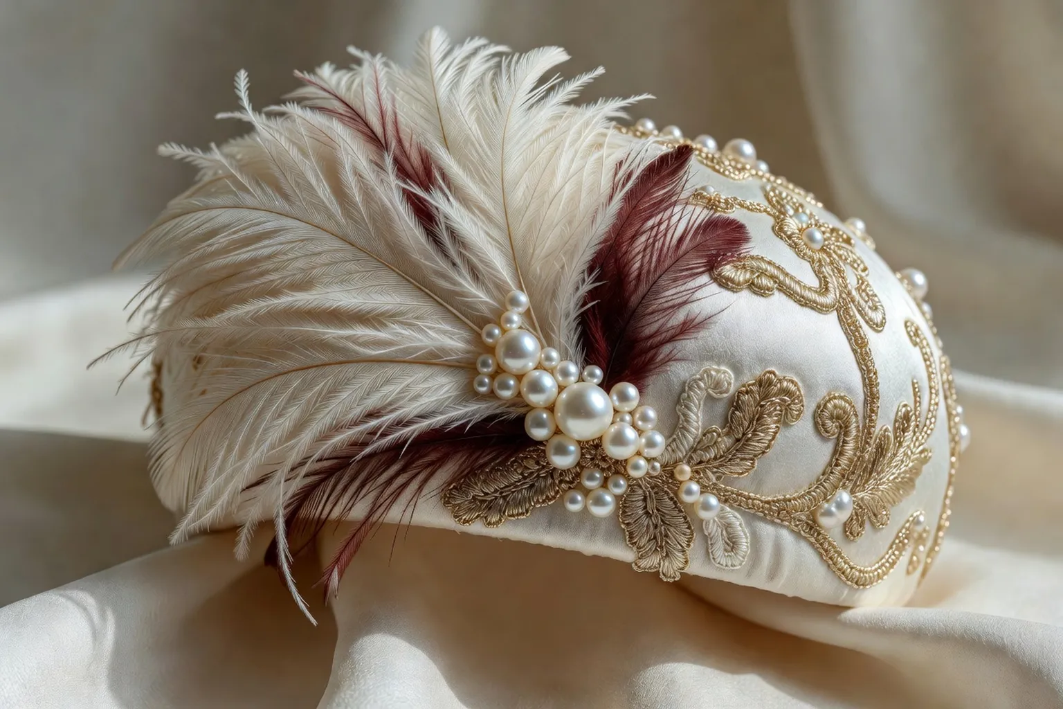 Détail d'un bibi orné de plumes et perles