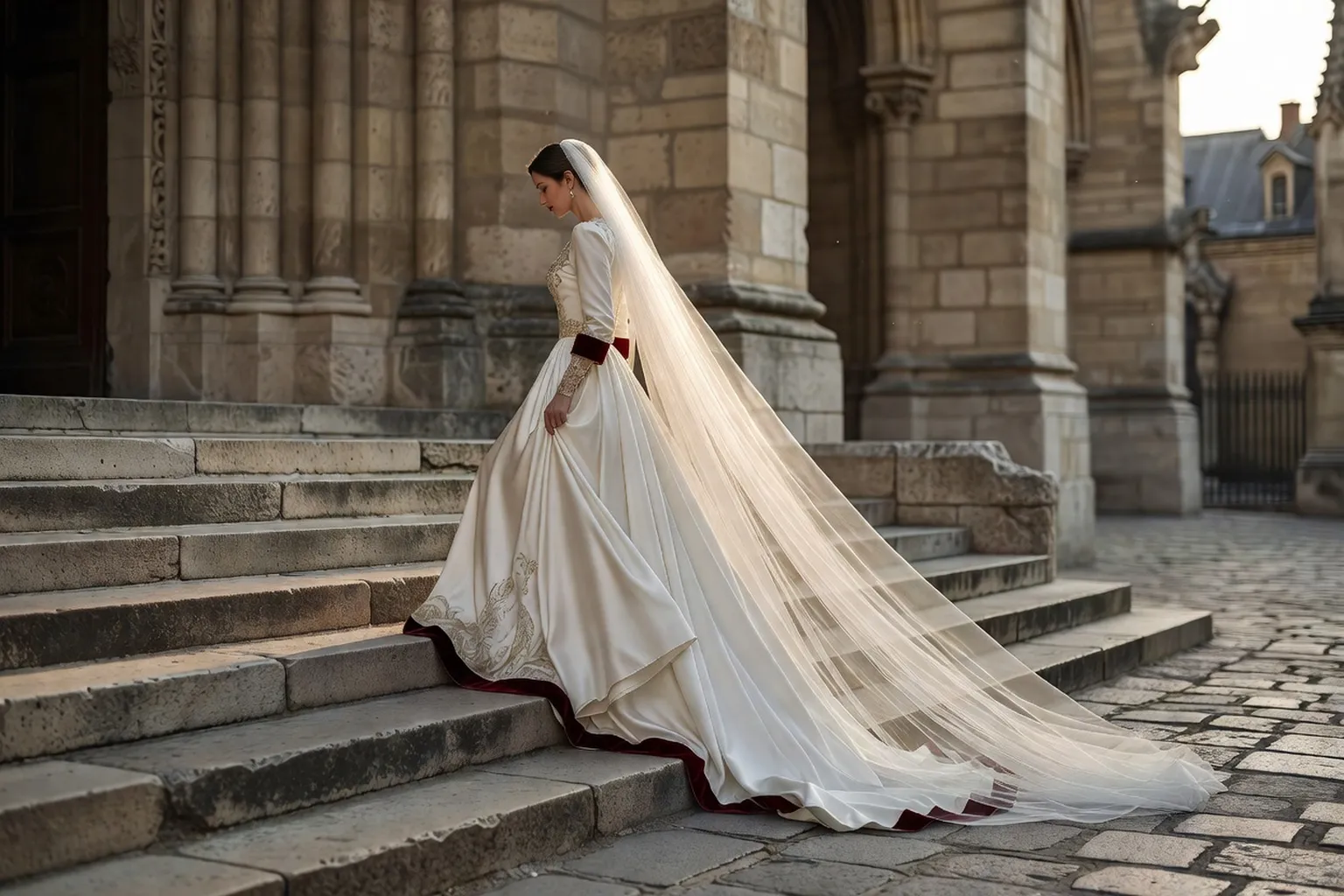 Mariée voilée sortant d'une église parisienne