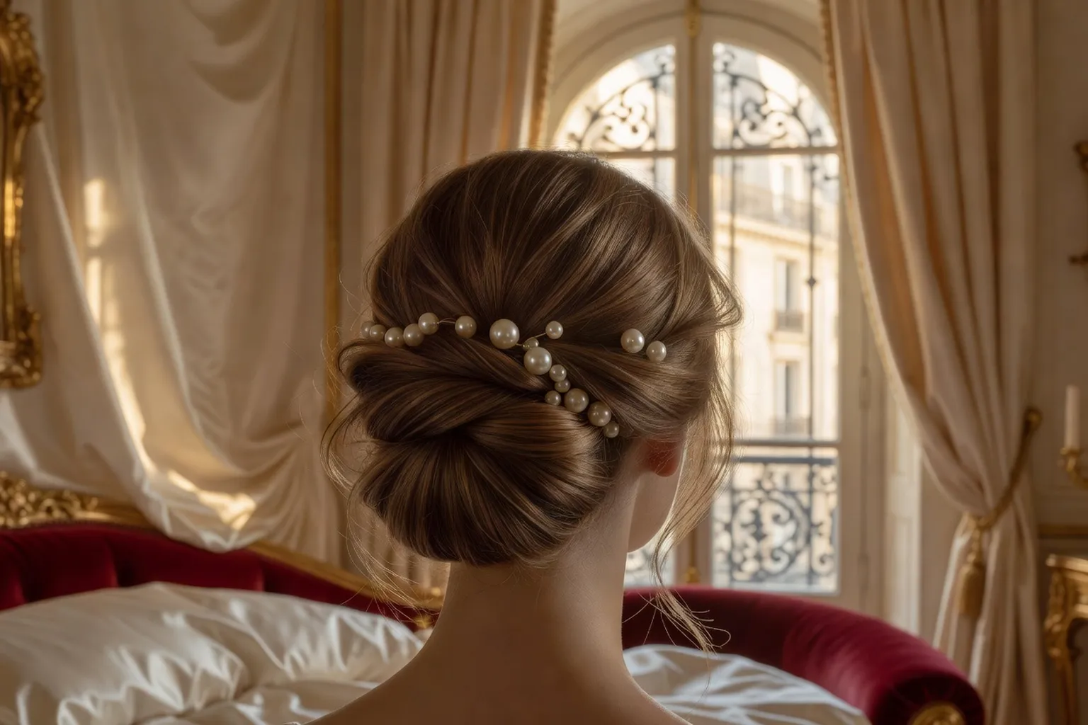 Chignon bas de mariée avec épingles à perles