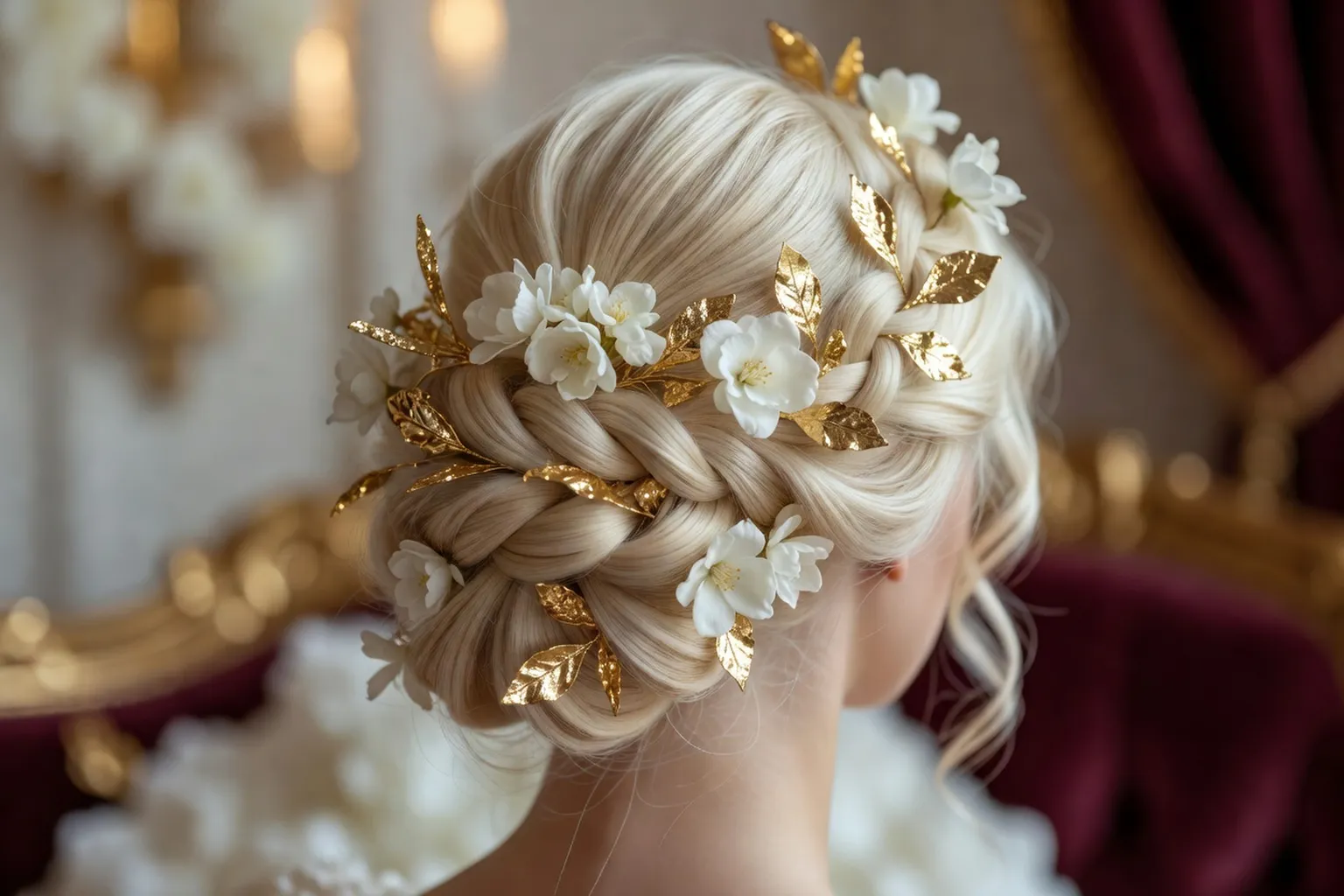 Chignon orné de feuilles d'or et de fleurs blanches