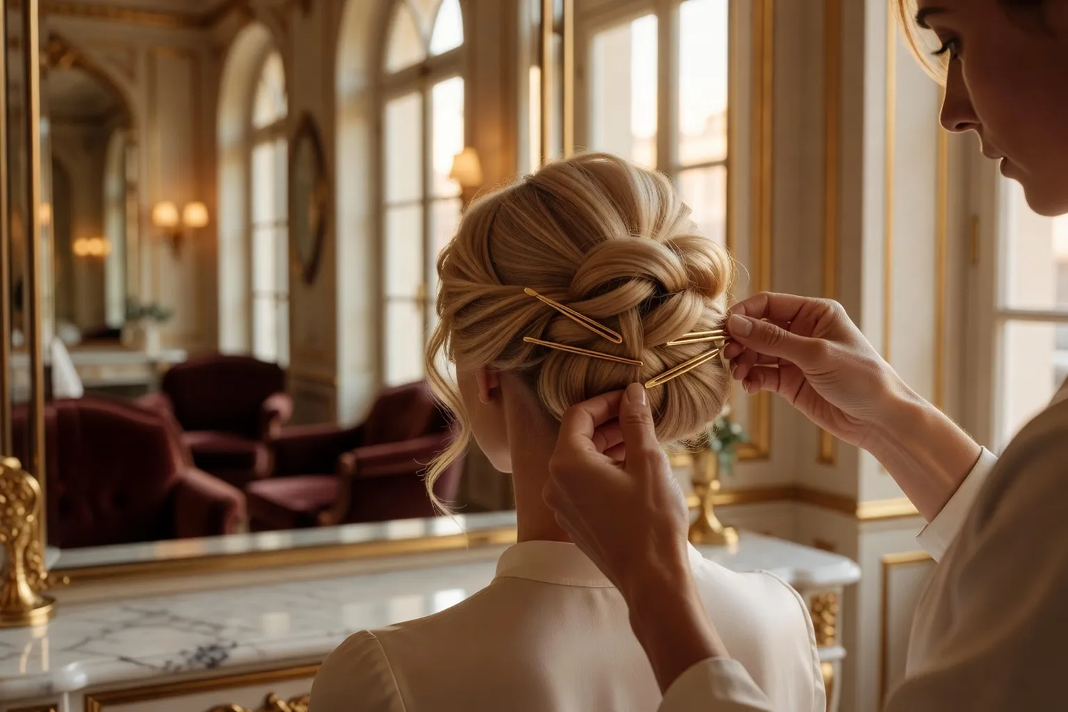Coiffeuse créant un chignon avec épingles dorées