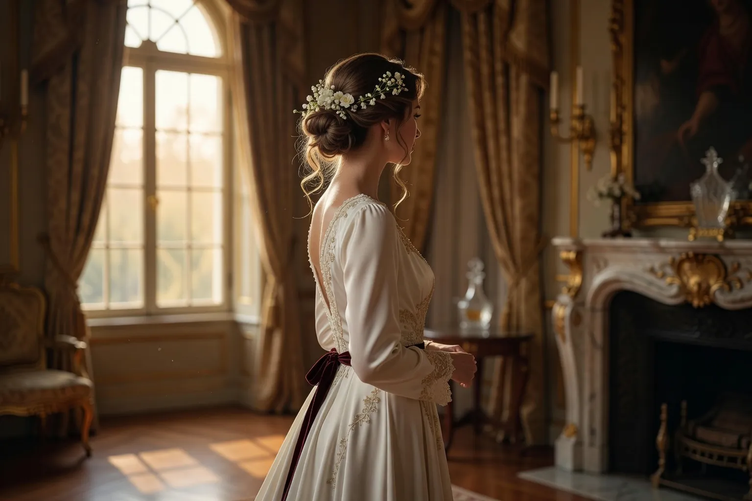 Profil d'une mariée coiffée d'un chignon fleuri