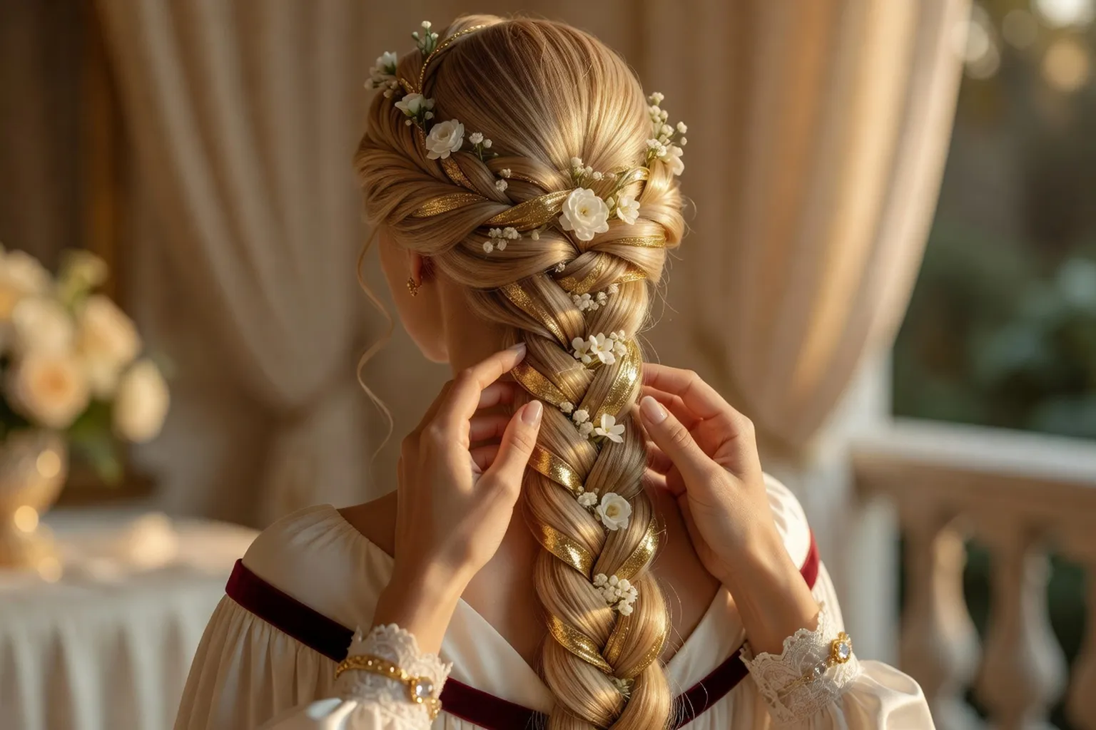 Tresse de mariée ornée d'un ruban doré