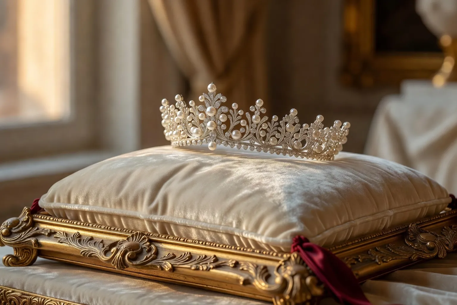 Diadème royal sur coussin de velours crème
