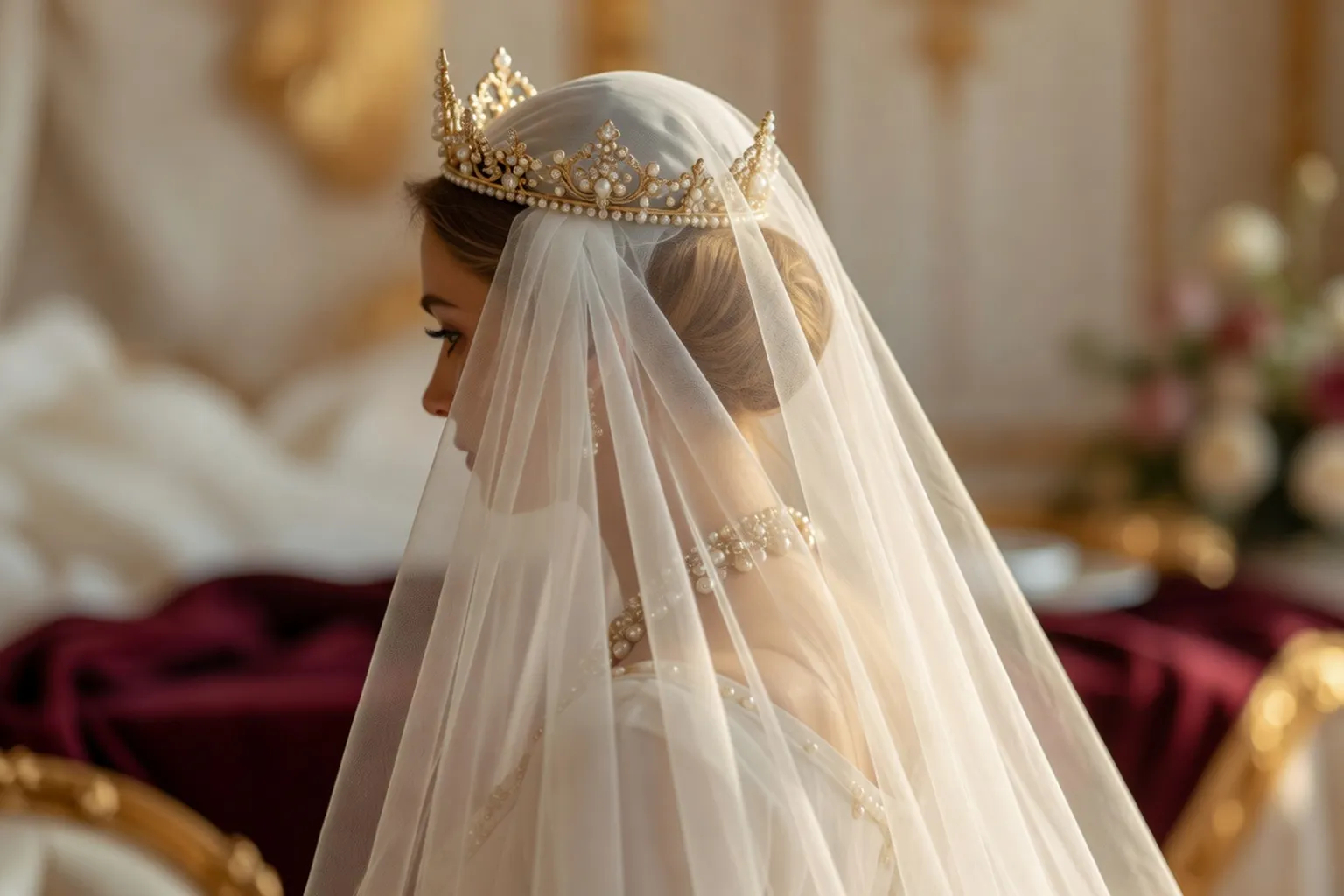 Mariée portant un diadème inspiré Chaumet