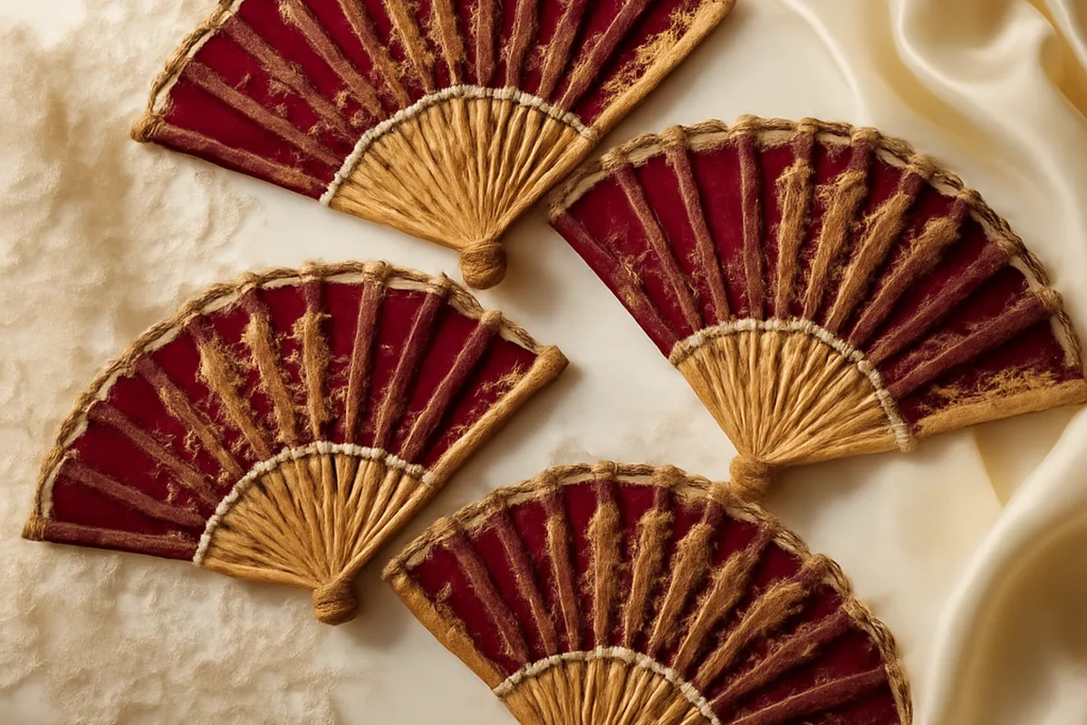 Éventail de dentelle et nacre déployé sur un tissu bordeaux et or