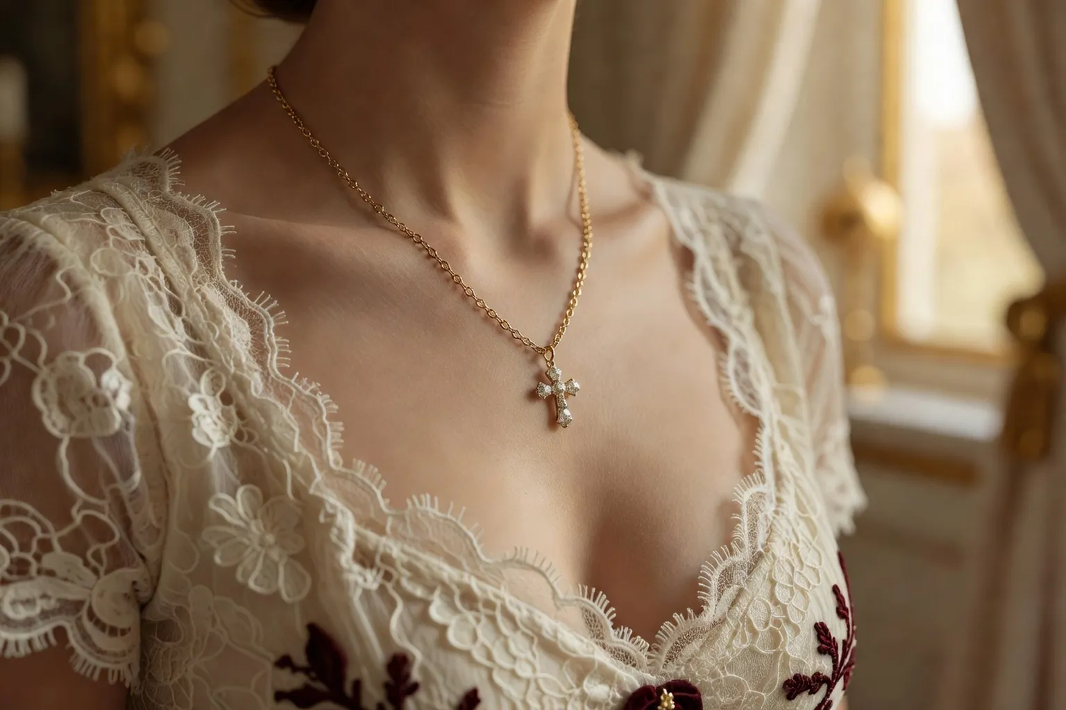 Collier en or et pendentif délicat sur dentelle