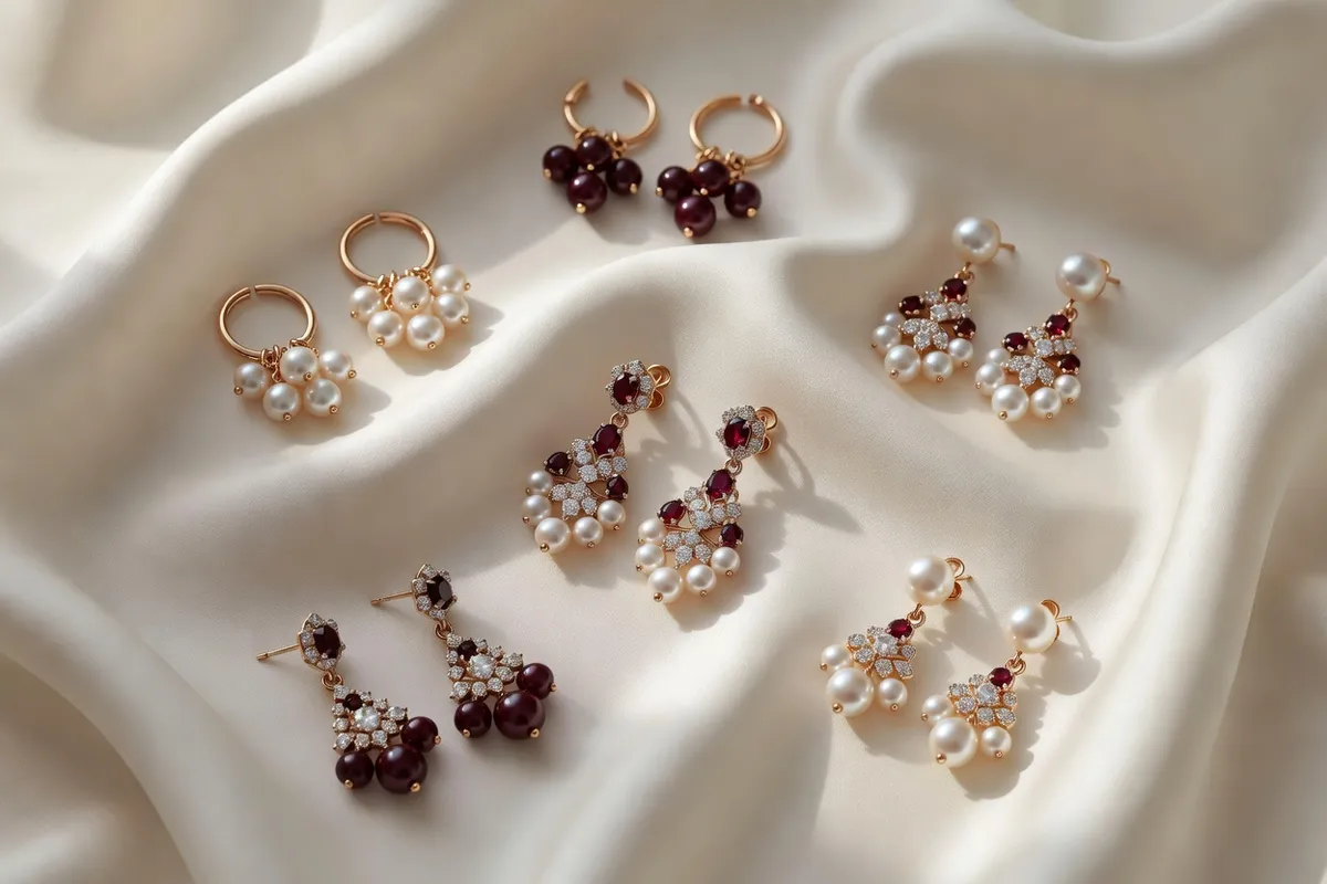 Boucles d'oreilles pendantes en perles et diamants sur velours bordeaux