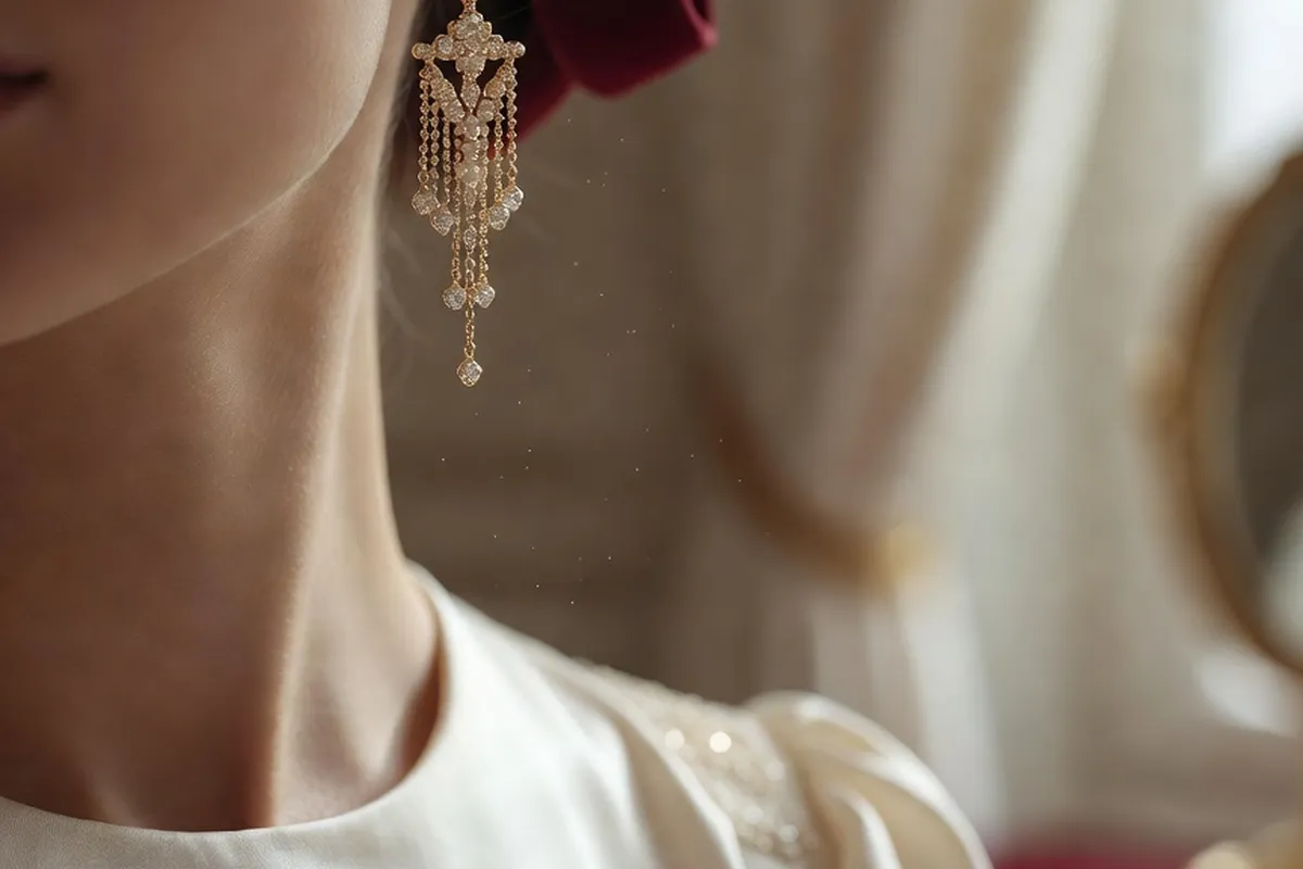 Mariée portant des boucles d'oreilles en perles avec chignon relevé