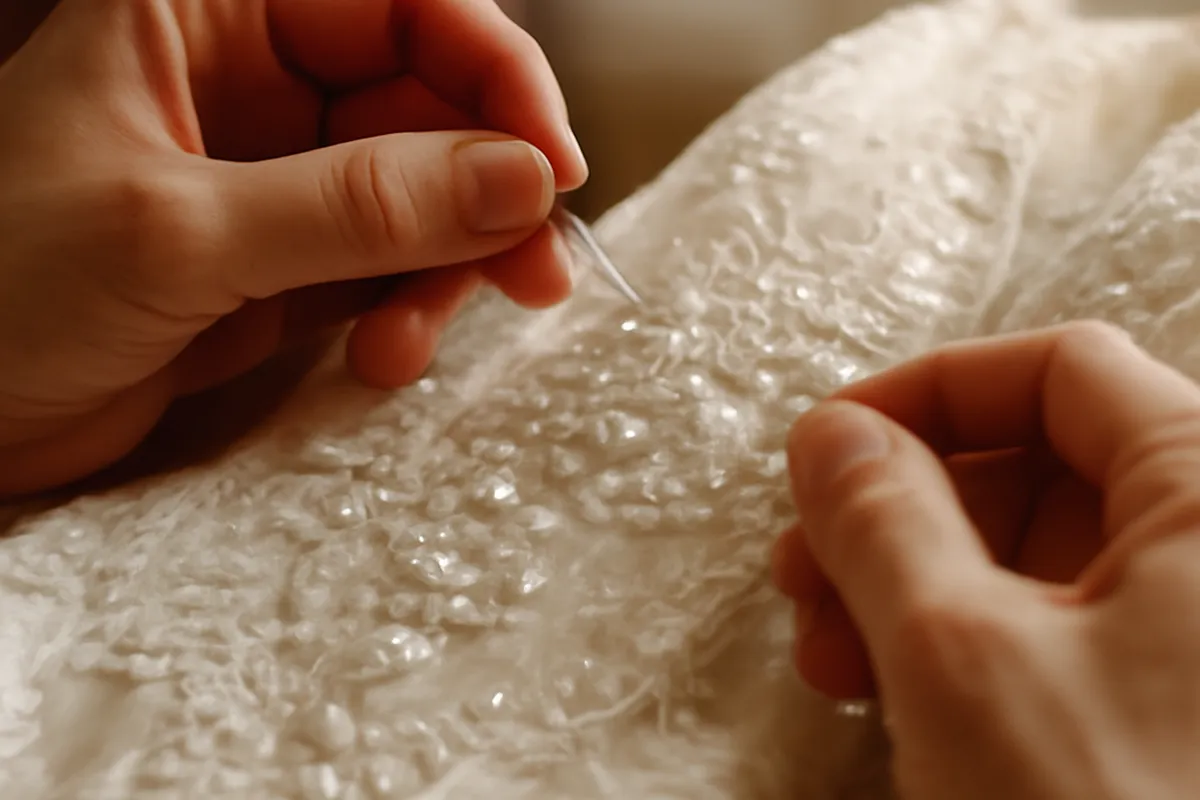 Détail de broderie au fil d'or et perles sur tissu de robe de mariée
