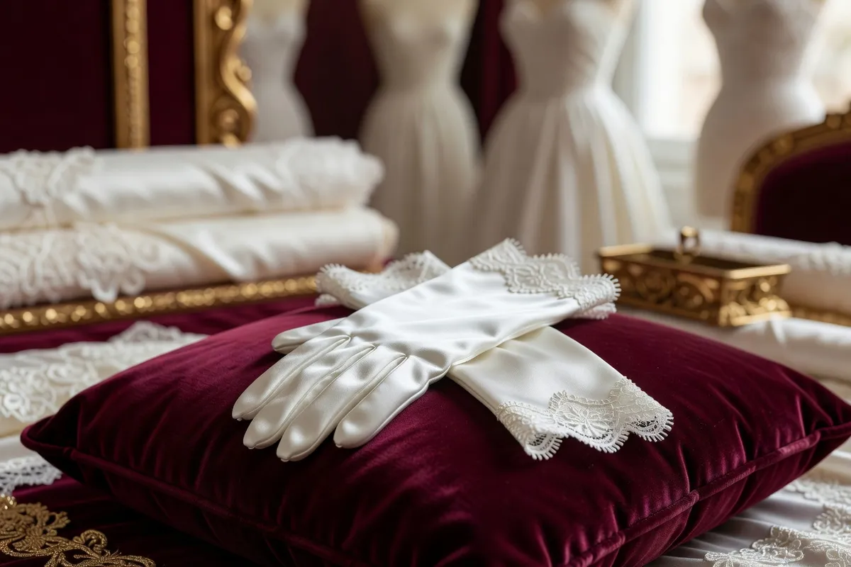 Paire de gants de mariée en chevreau posée avec des boutons de nacre