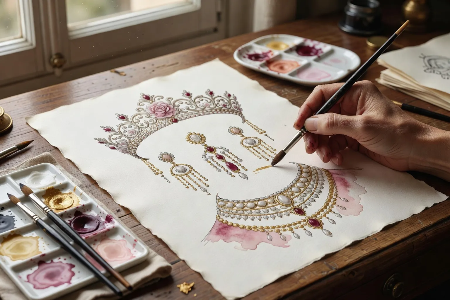 Esquisse aquarelle d'une parure de mariage