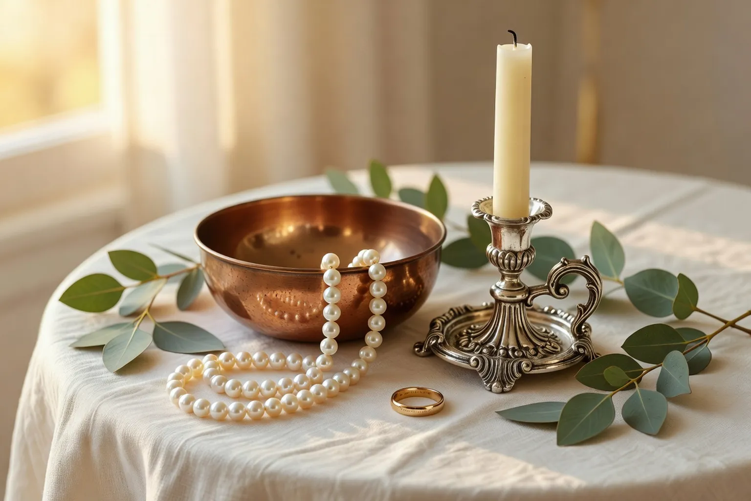 Nature morte des noces : cuivre, argent, or, perles