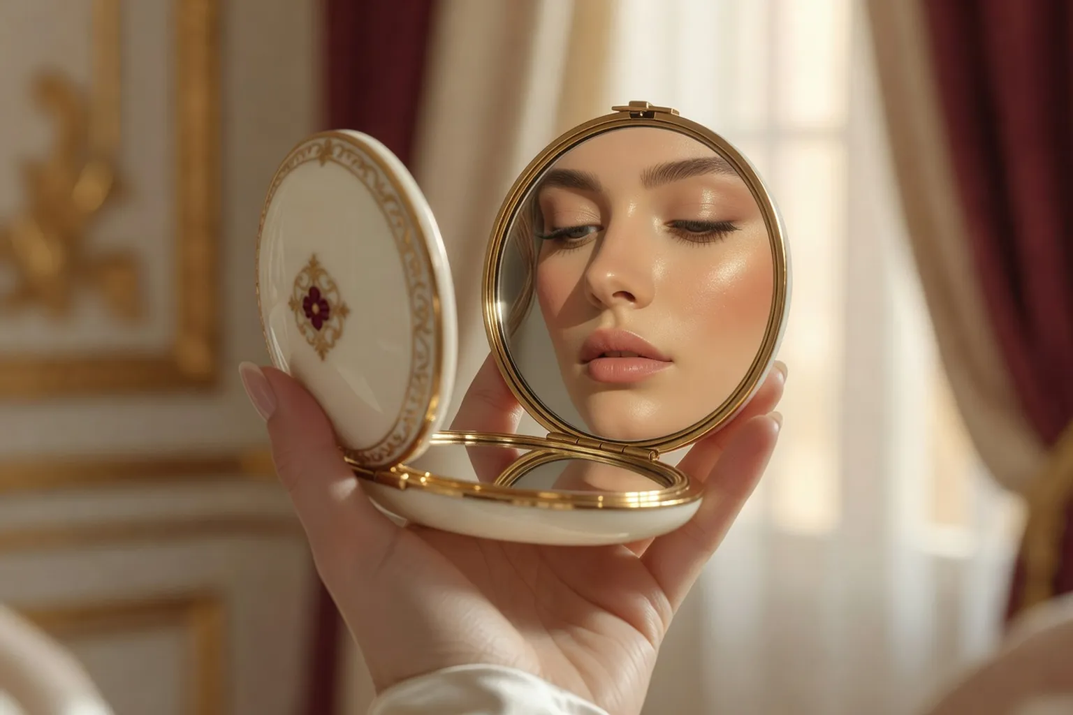 Mariée ajustant son maquillage avec un miroir ancien