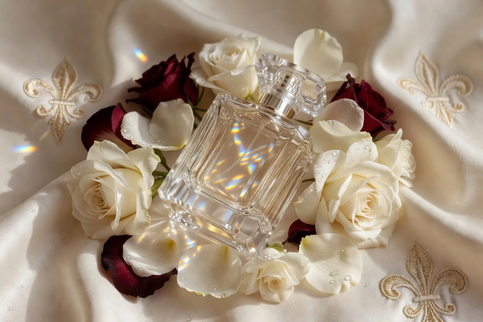 Détail d'un flacon cristal et fleurs de tubéreuse