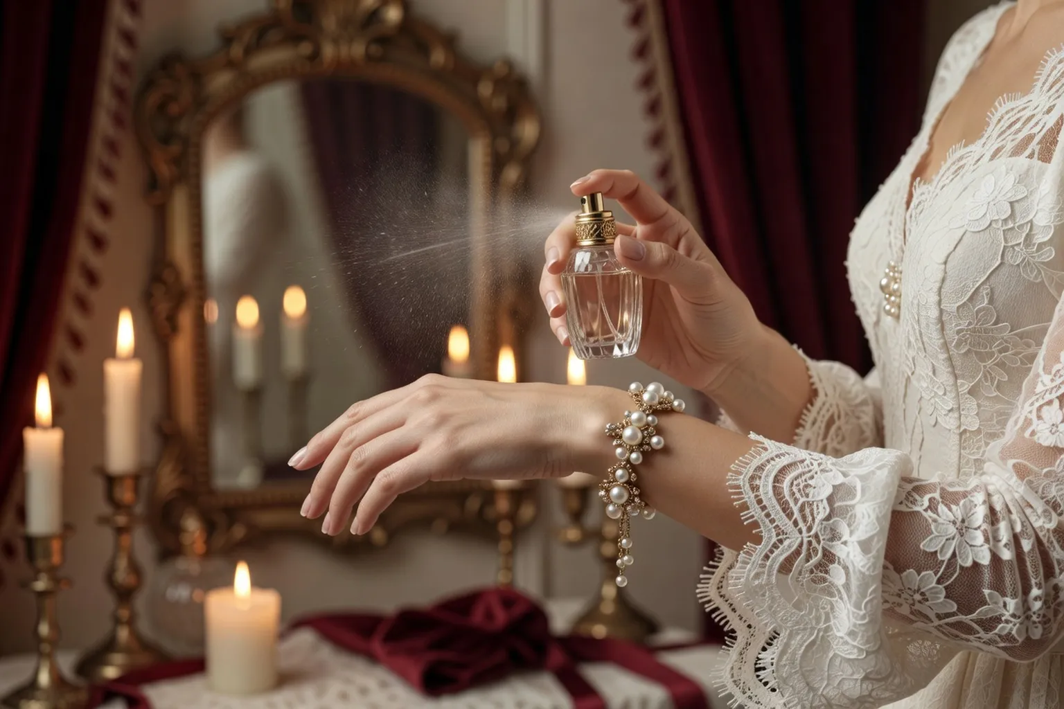 Mariée appliquant du parfum sur son poignet