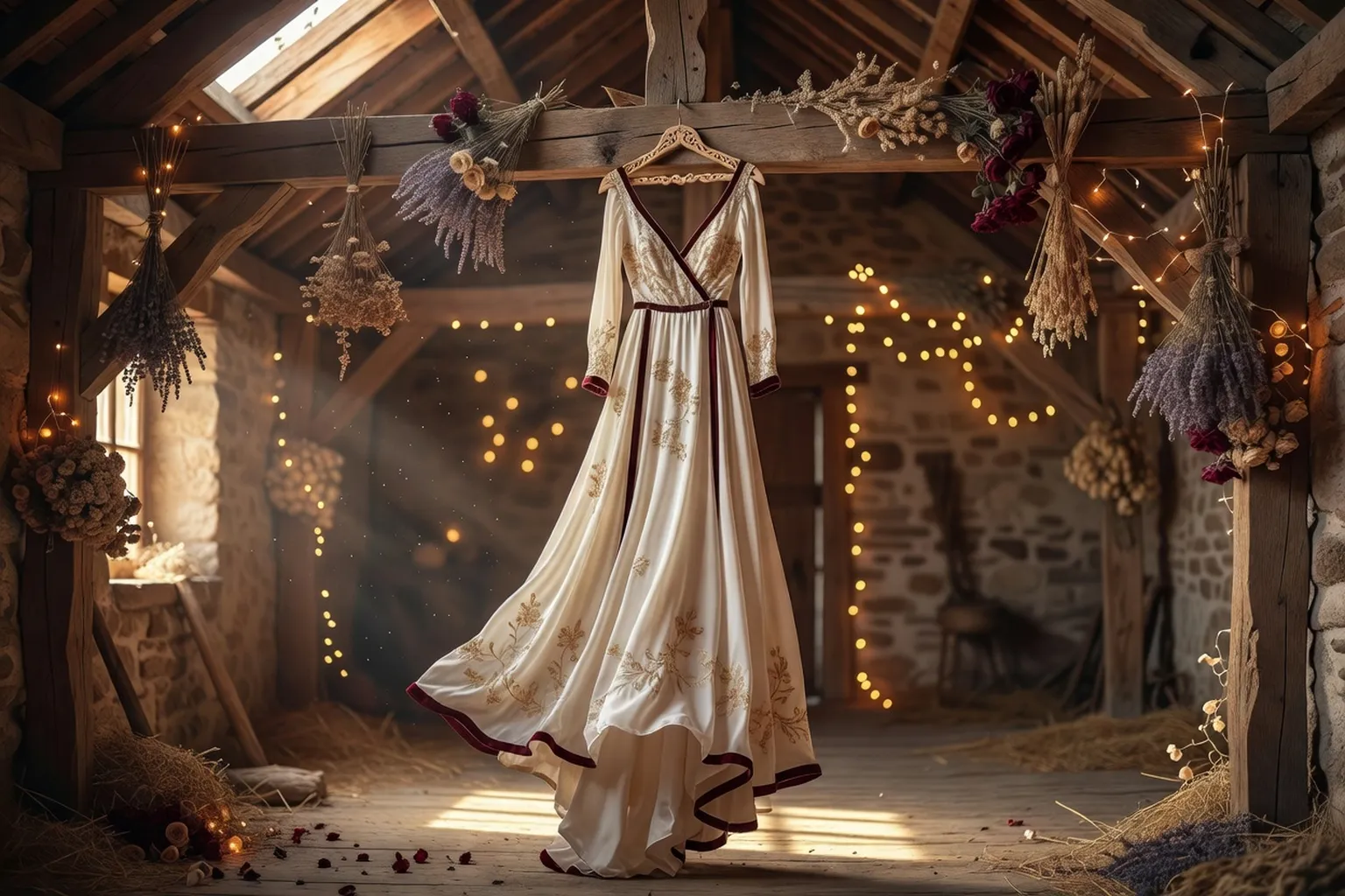 Robe de mariée bohème suspendue dans une grange