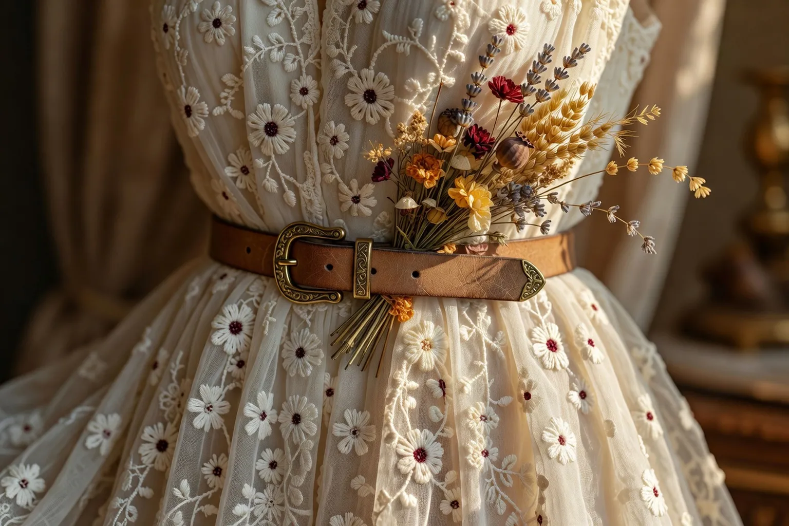 Détail dentelle et fleurs séchées robe bohème