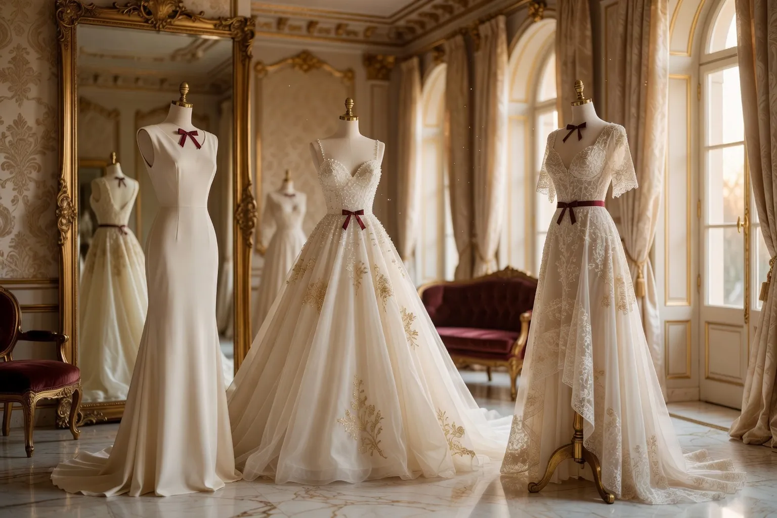 Cabine d'essayage avec trois robes de mariée