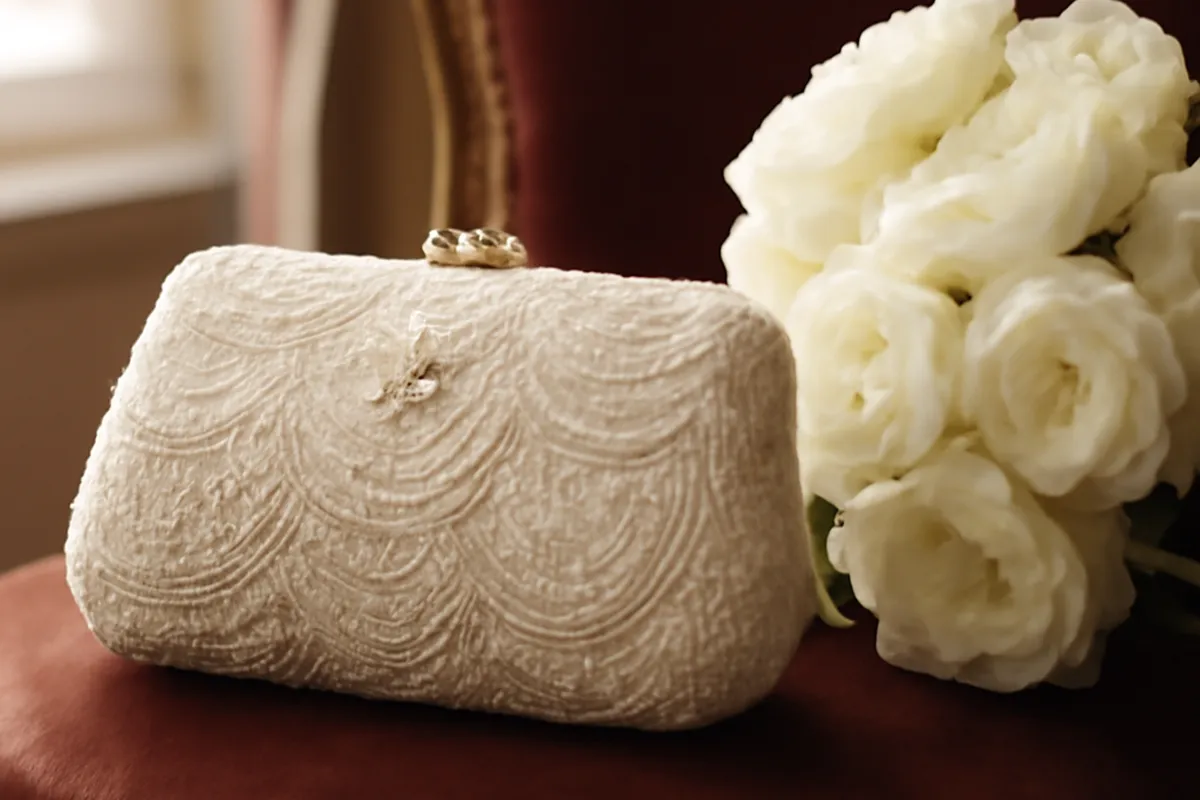 Mariée tenant une pochette brodée en dentelle et perles