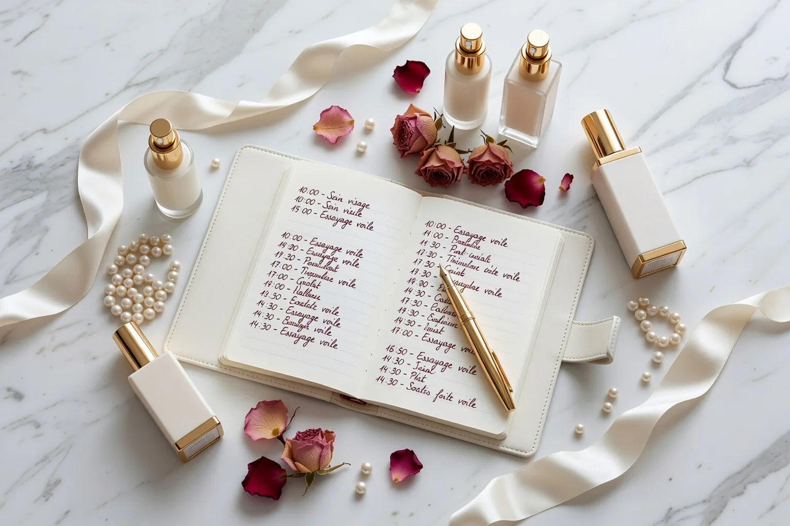 Calendrier beauté et flacons de soins sur coiffeuse