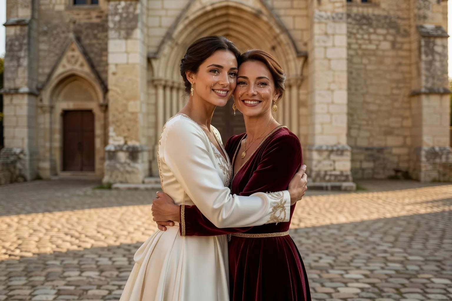 Mère et fille mariée s'embrassant devant l'église