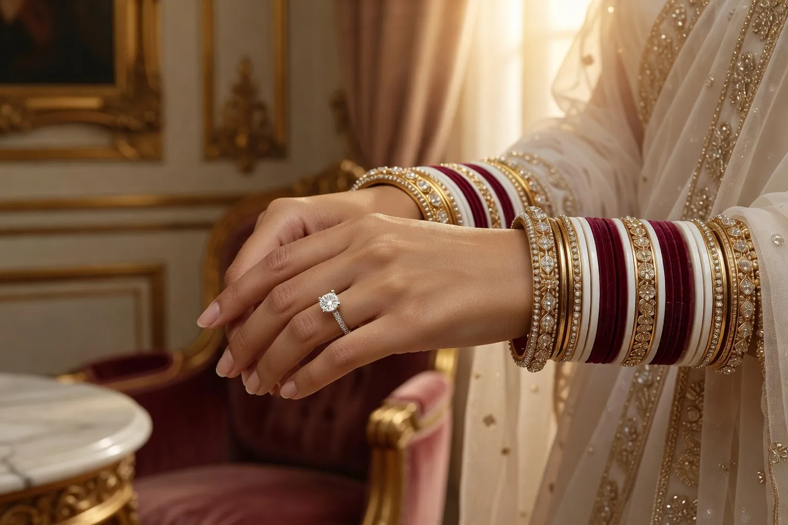 Bracelets indiens et bague de mariage occidentale