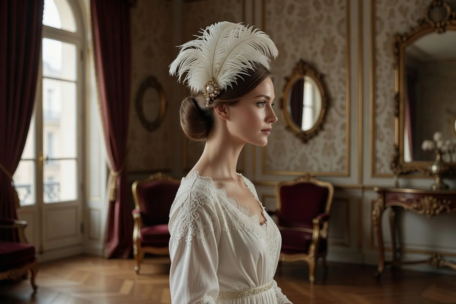 Mariée portant une aigrette de plumes et perles au chignon