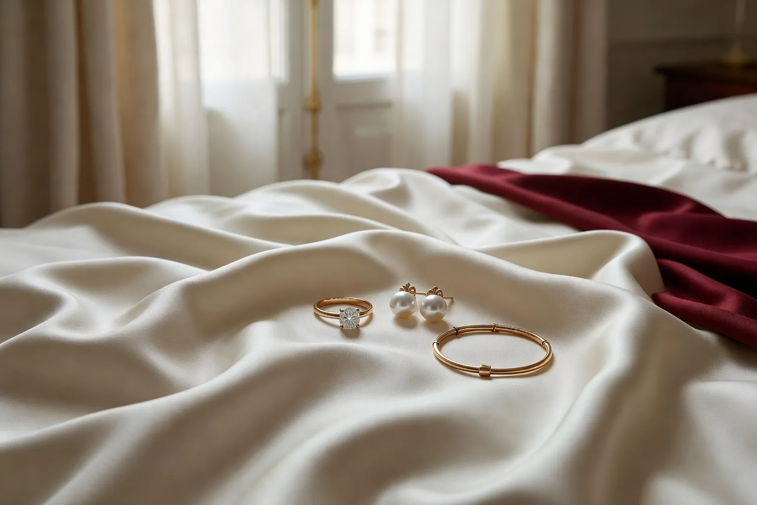 Bijoux de mariage élégants posés sur un tissu soyeux