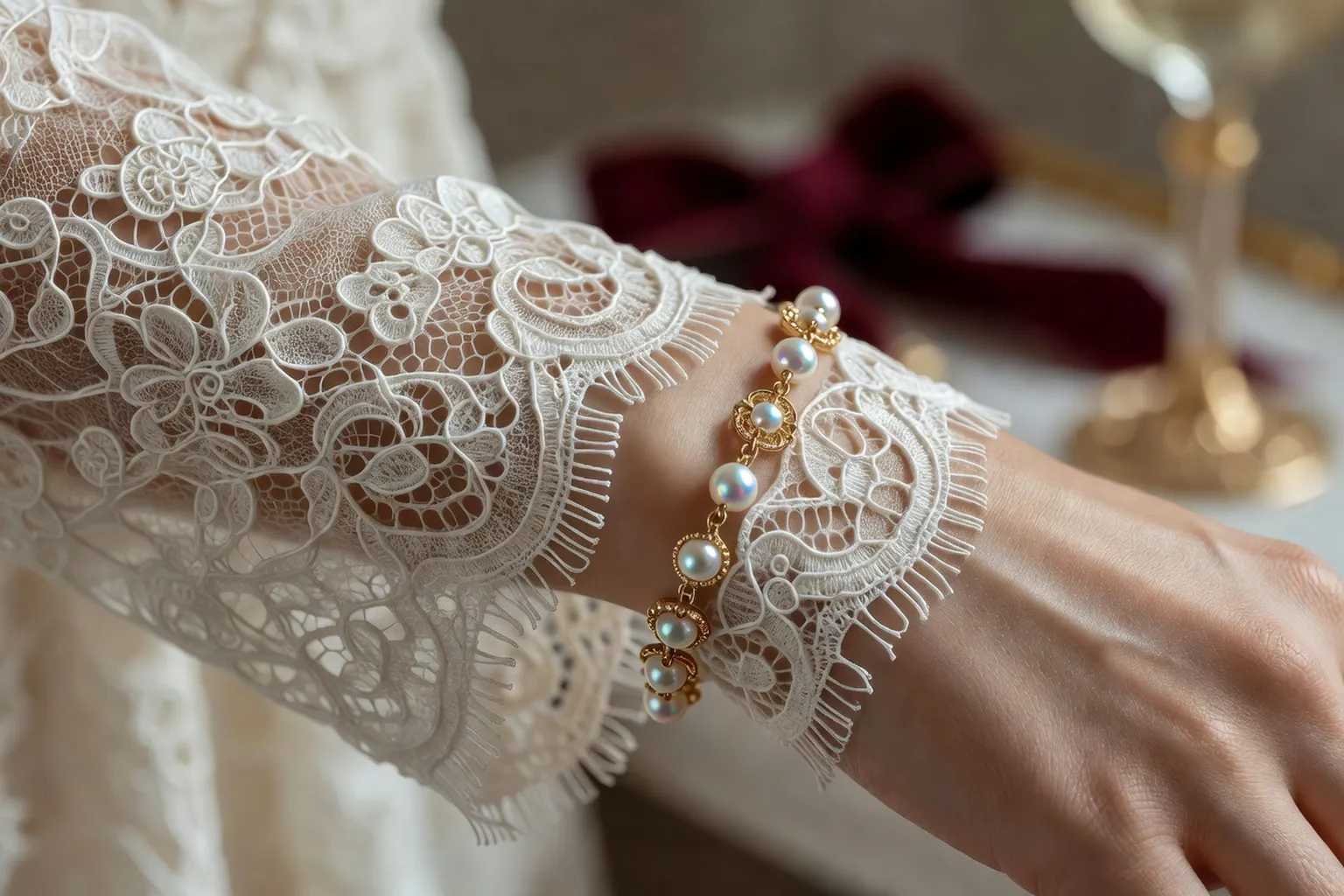Bracelet de mariée en or et perles posé sur un écrin de velours ivoire