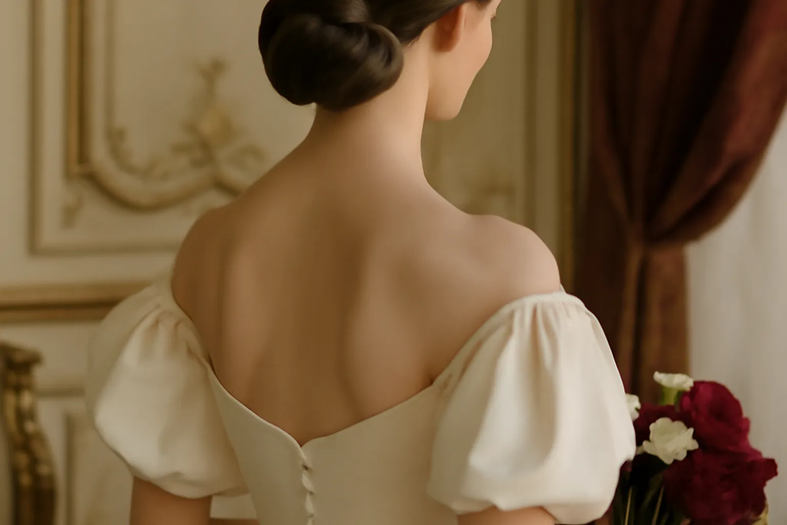 Chignon bas raffiné sur nuque avec ornement perlé délicat