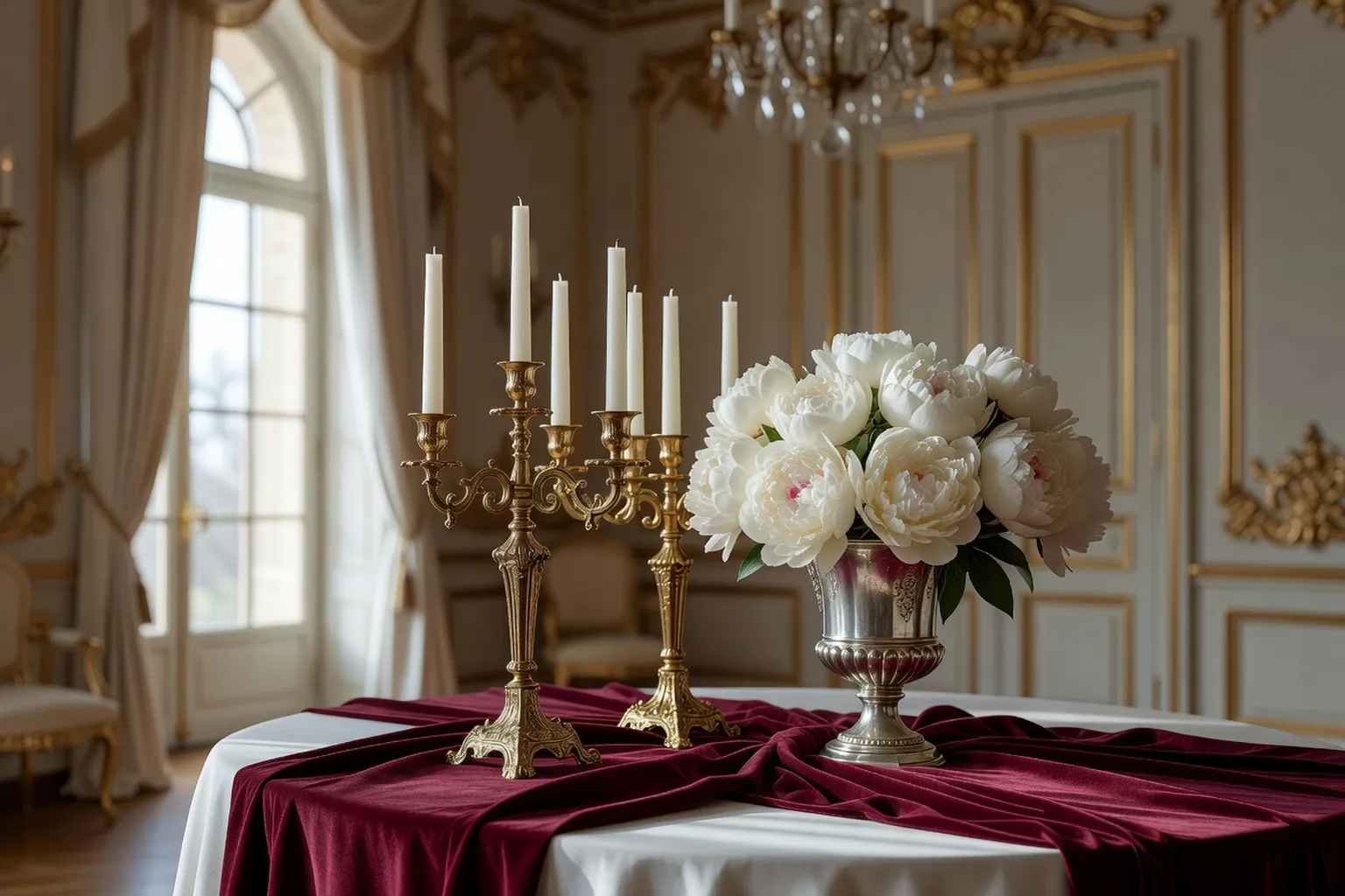 Table de mariage impériale avec cristaux et candélabres