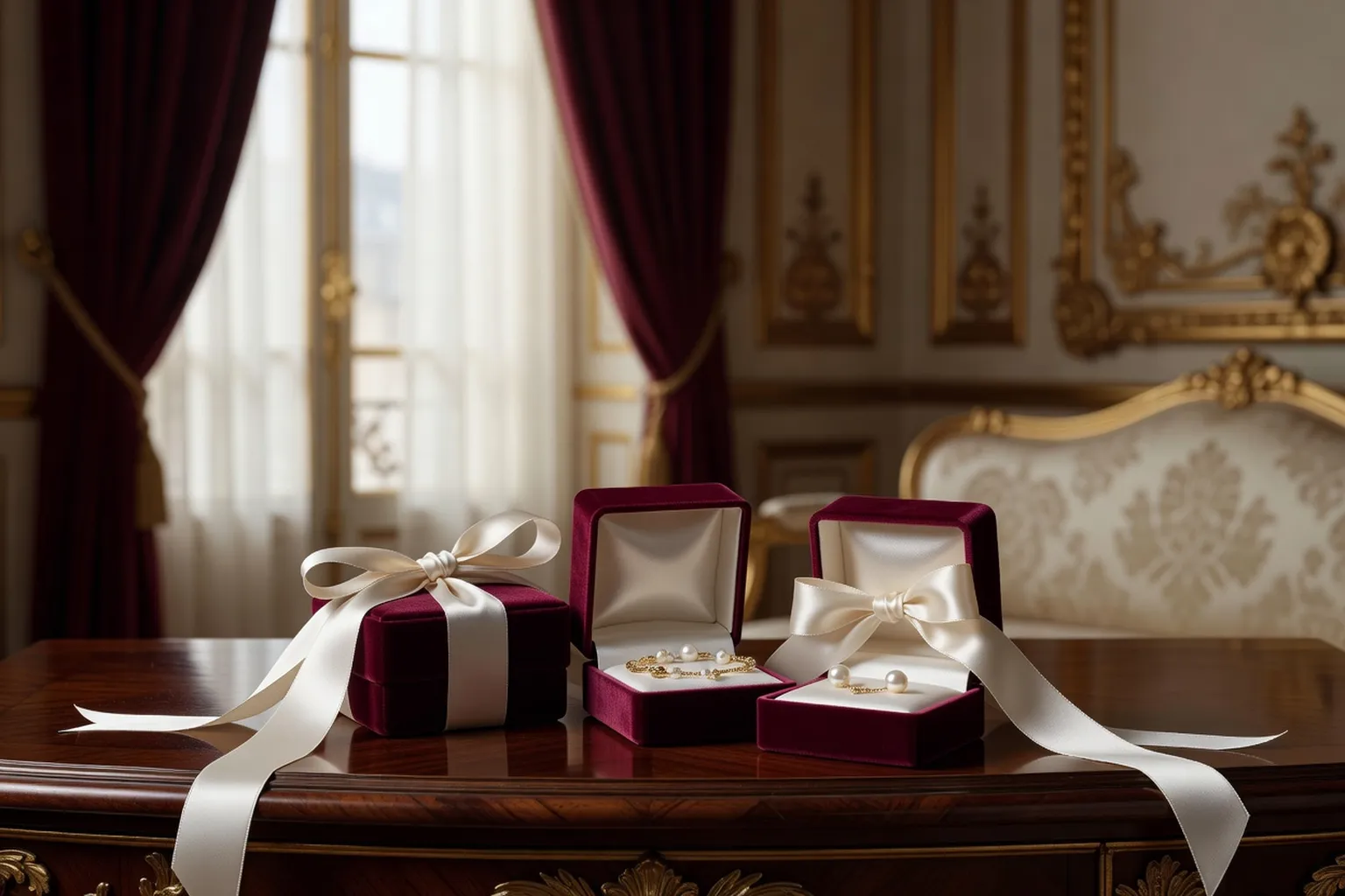 Bijoux délicats disposés sur tissu de soie pour cortège nuptial