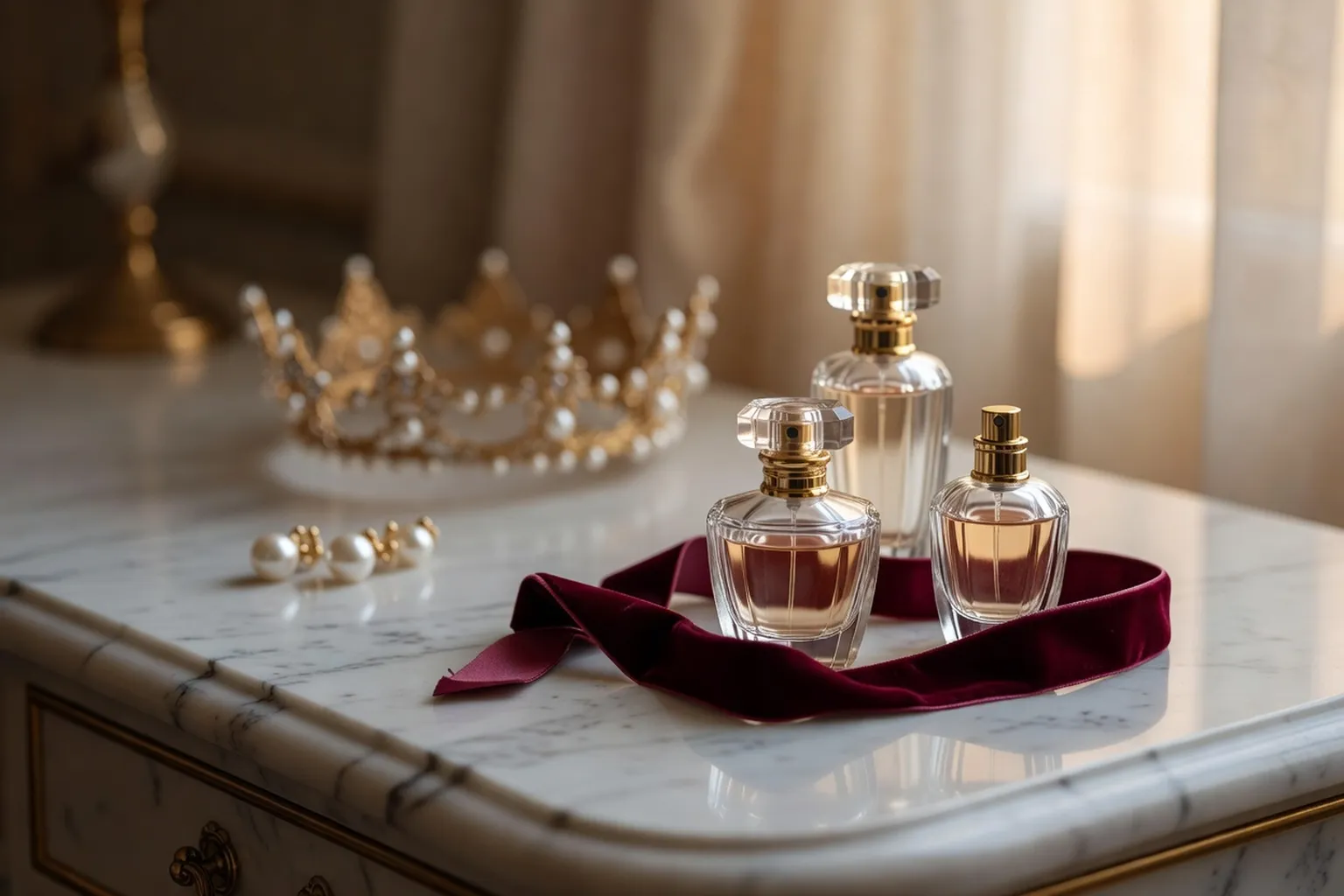 Flacons de parfum de mariée sur coiffeuse ivoire et or