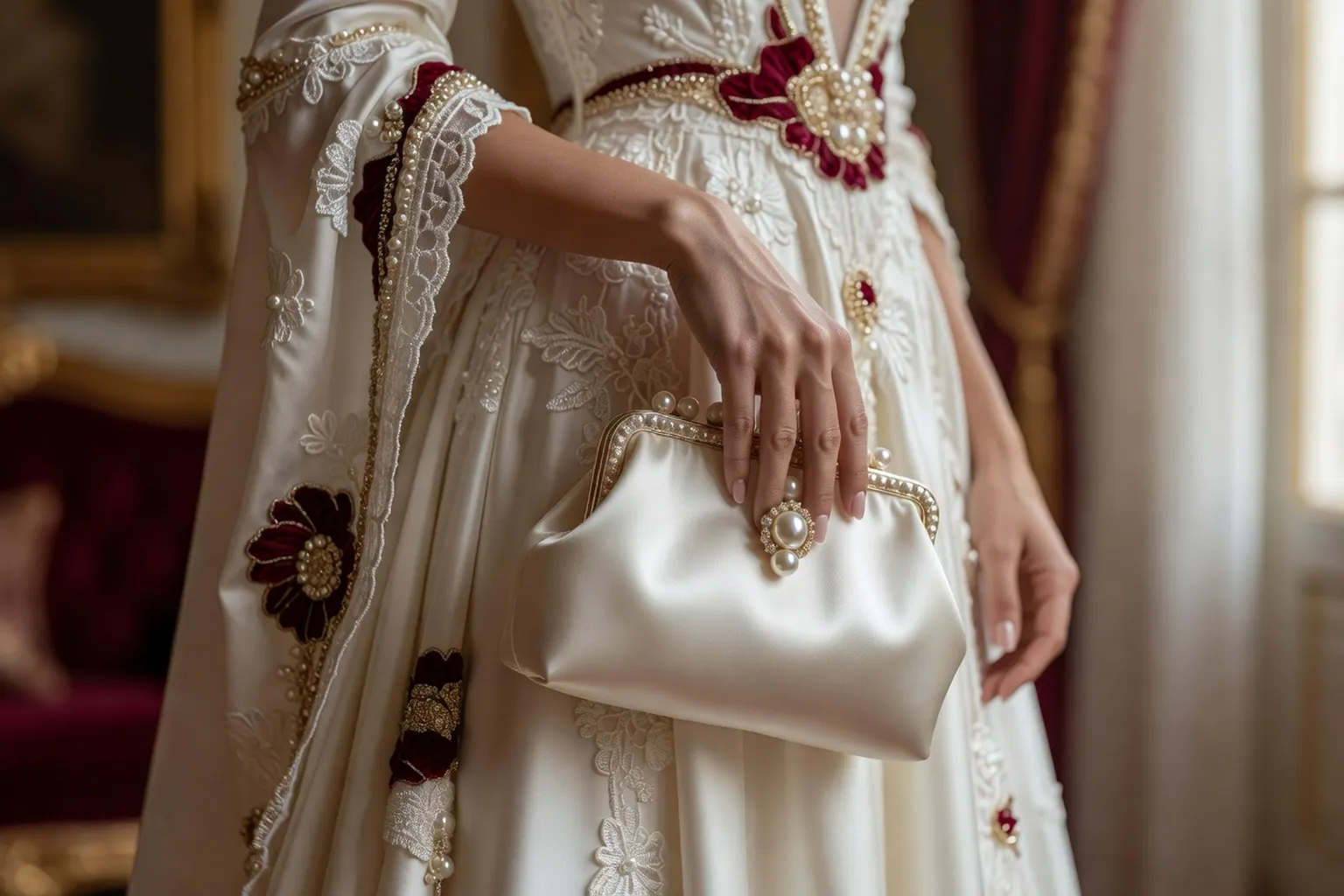 Minaudière brodée et pochette perlée de mariée sur fond bordeaux et or, style Second Empire