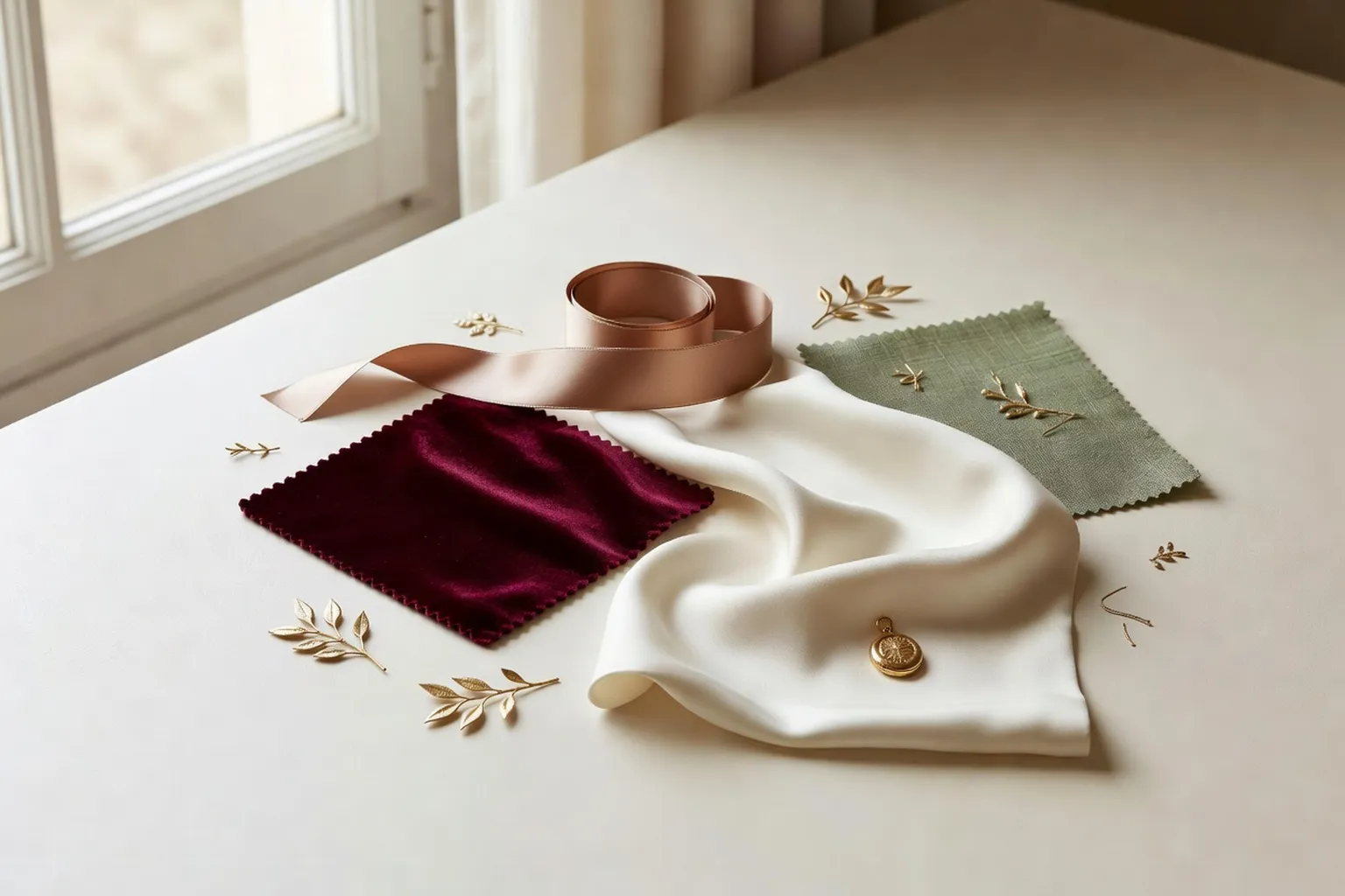 Palette de couleurs pour mariage : bordeaux, or rosé, ivoire