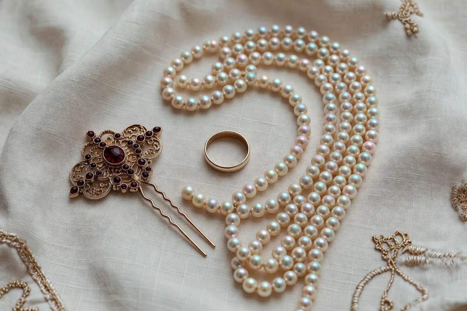 Parures nuptiales anciennes disposées sur soie écrue